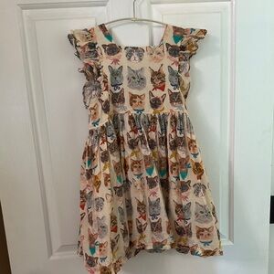 Pink Chicken Cream/Beige Multicolor Cat Print Kids Dress